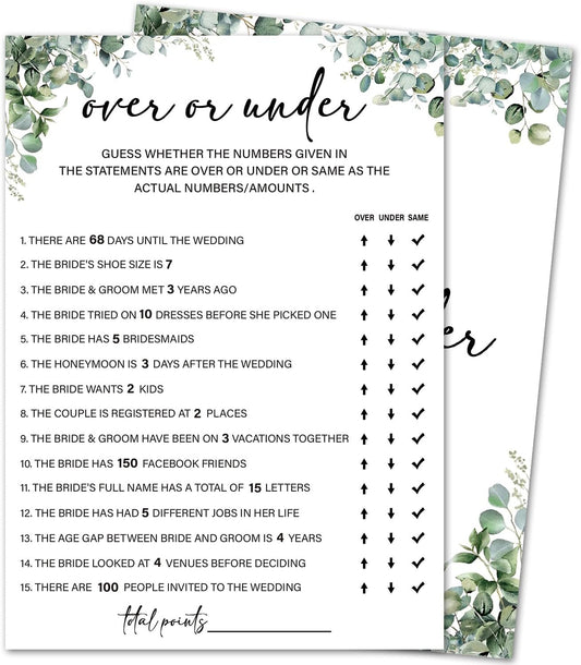 Eucalyptus Bridal Shower Game Cards - Over or Under, Wedding Engagement Bachelorette Party Bridal Shower Games for 30 Guests, Double Sided Cards Set of 30, Activity Supplies & Favor/A02