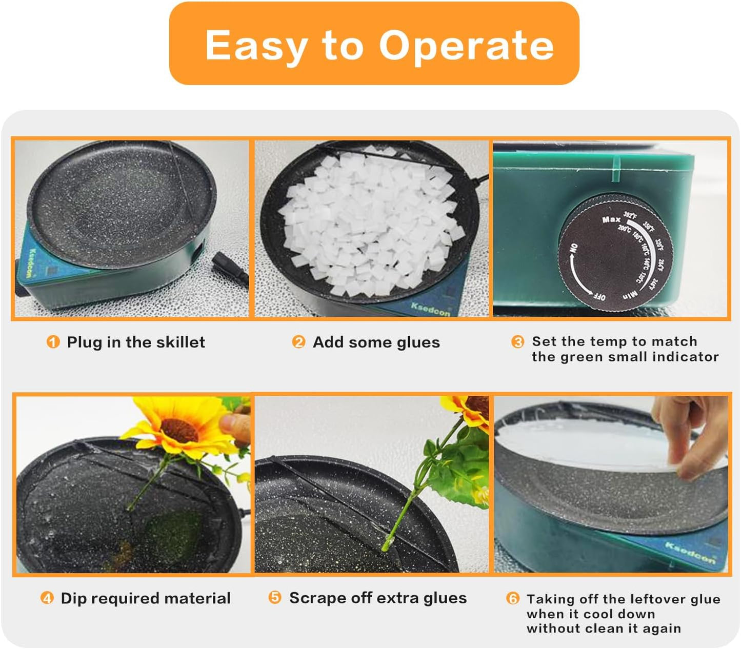 Floral Glue Pot Skillet for Crafts, Temperature Control Gage 212°F-392°F, 8.25in Diameter, Melting Pot for Glue Sticks Pellets and Beads with Degumming Stick