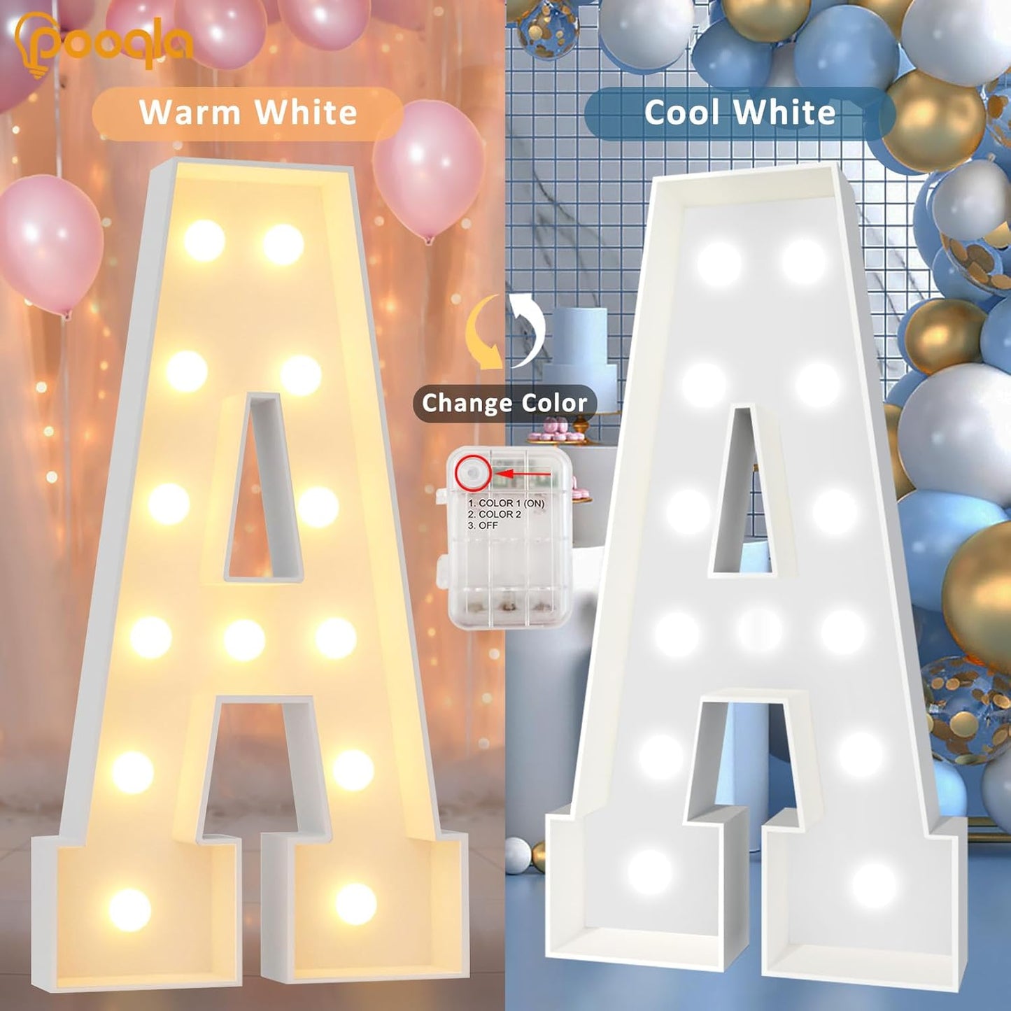 Pooqla 4 FT Marquee Light Up Letters, Cool White and Warm White Marquee Letters 4 Feet Tall, Giant Letter Sign Big Mosaic Letter for Balloons Birthday Party Anniversary Wedding Decorations, LED &