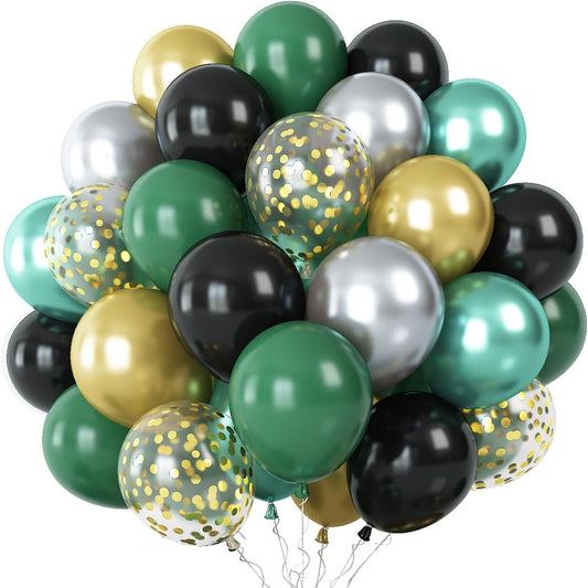 Dark Green Gold and Black balloons, 60Pcs Dark Green Black Metallic Green Silver Gold Confetti Latex Balloons for Video Game Party Balloons, Wedding, Jungle Safari Animal Theme Birthday Decoration