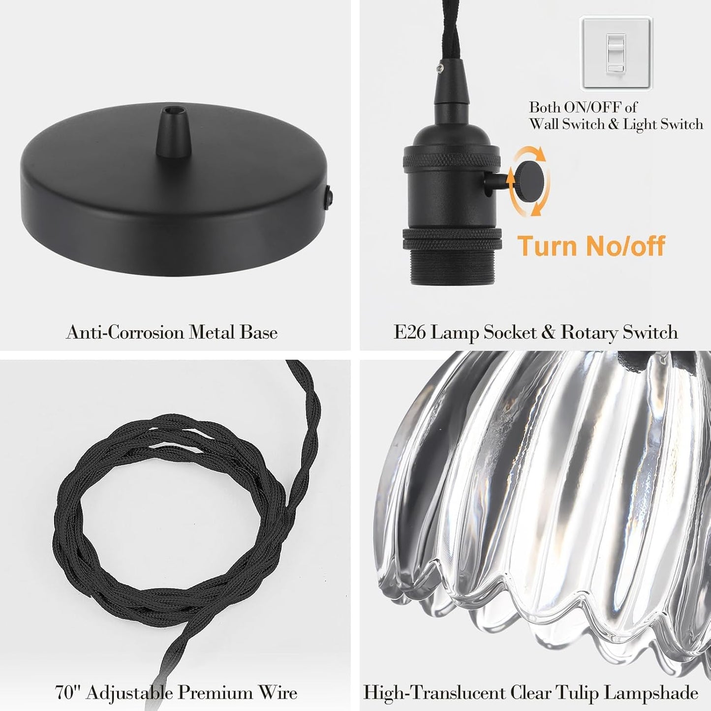 Vintage Black Pendant Light with Clear Tulip Glass Lampshade, Ideal Pendant Light Fixtures with 70 Inch Cord for Kitchen Island, Dining Room, Bedroom, Over Table, Living Room & Entryway (Hardwired)