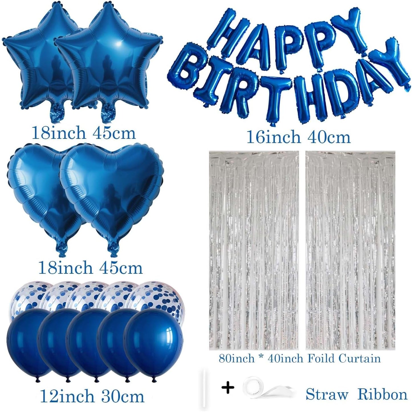 29 Pcs Blue Birthday Party Decorations - Happy Birthday Balloons Banner Blue, Heart & Star Foil Balloons, Confetti & Latex Balloons, Foil Fringe Curtains Party Supplies for Men, Boys