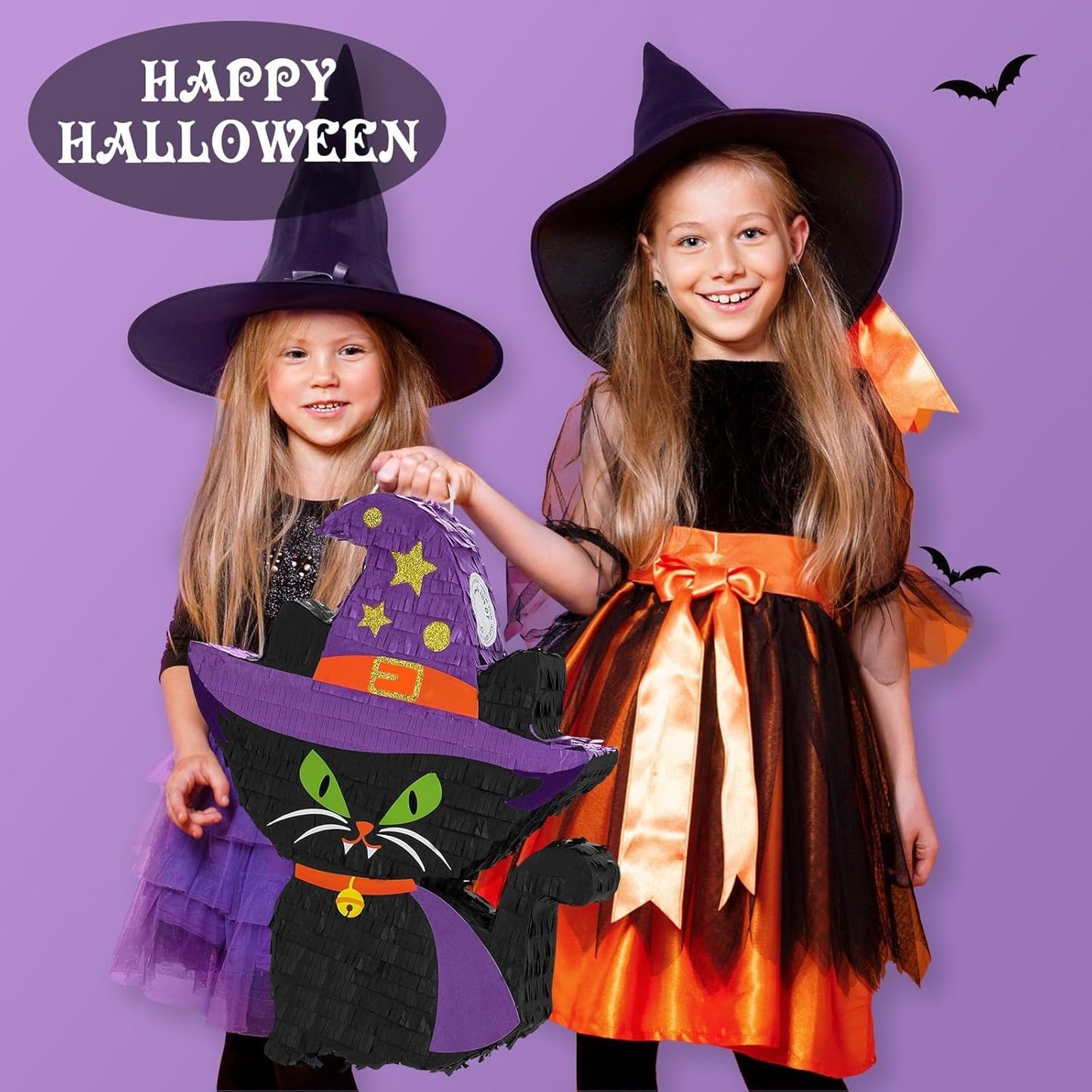 WERNNSAI Halloween Cat Pinata - Halloween Party Decorations Black Cat Pinata Witch Hat for Kids Hallows Eve Birthday Theme Party Games Supplieswith Stick & Blindfold