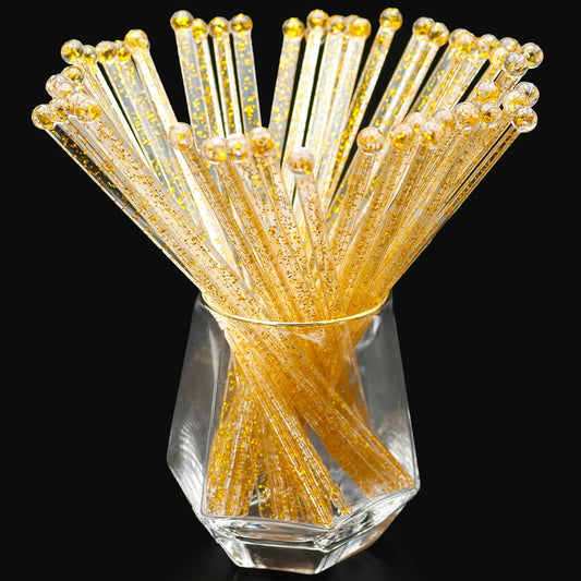 50-PCS Gold Glitter Plastic Swizzle Sticks, Crystal Cake Pops, Cocktail Coffee Drink Stirrers, Lolipop Stick for Christmas Party, 7.24 Inch