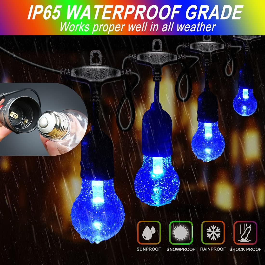 96FT Solar Outdoor String Lights, 30 Shatterproof Edison Bulbs, Dimmable Color Changing RGB LED Patio Lights with 2 Remote Controllers. Perfect for Backyard Decorative Lighting