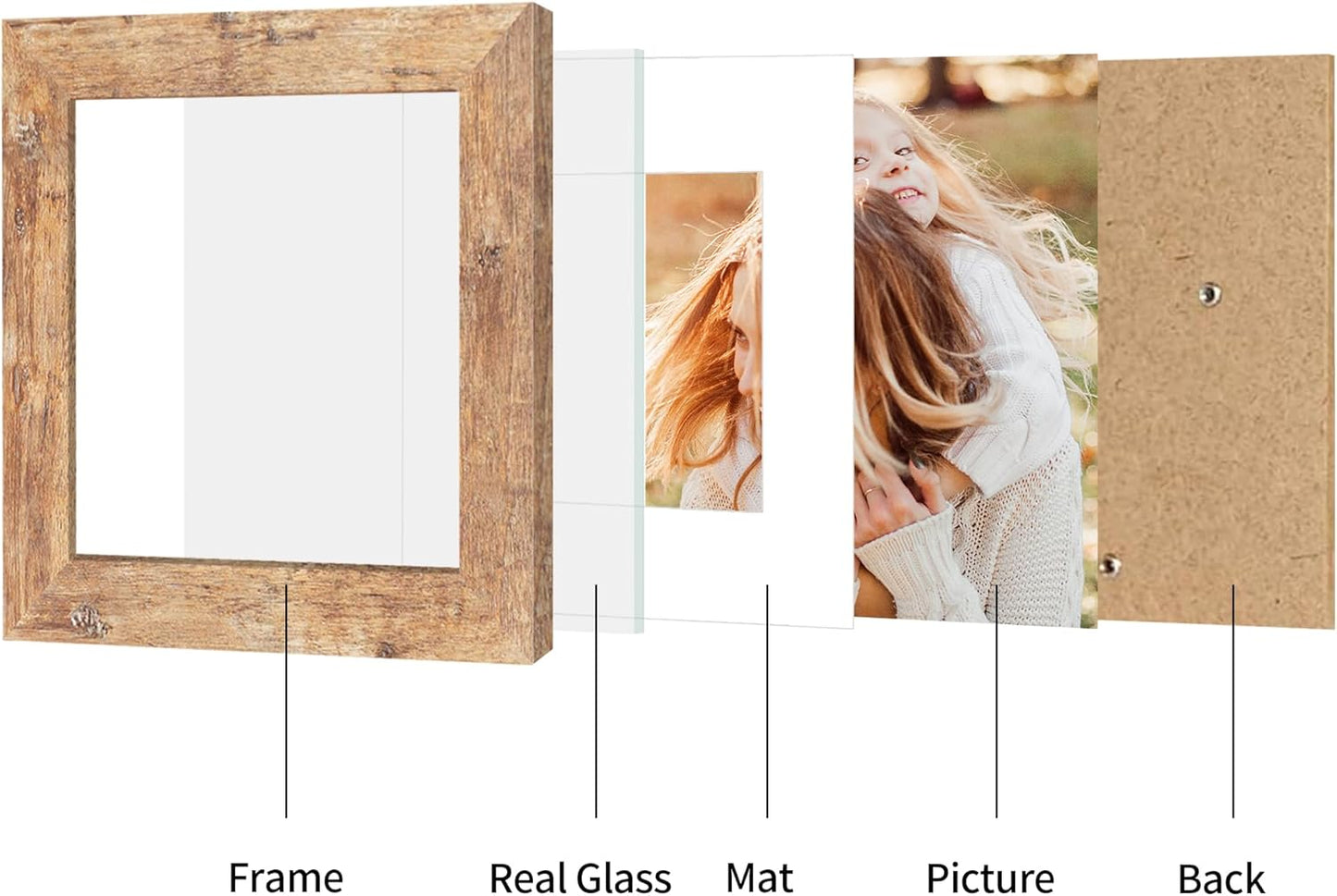 6x6 Picture Frame Set of 4 with Real Glass, Rustic Brown Frames Display 4x4 Picture with Mat or 6 x 6 Without Mat, Square Wood Photo Frame for Wall Mount and Tabletop Display