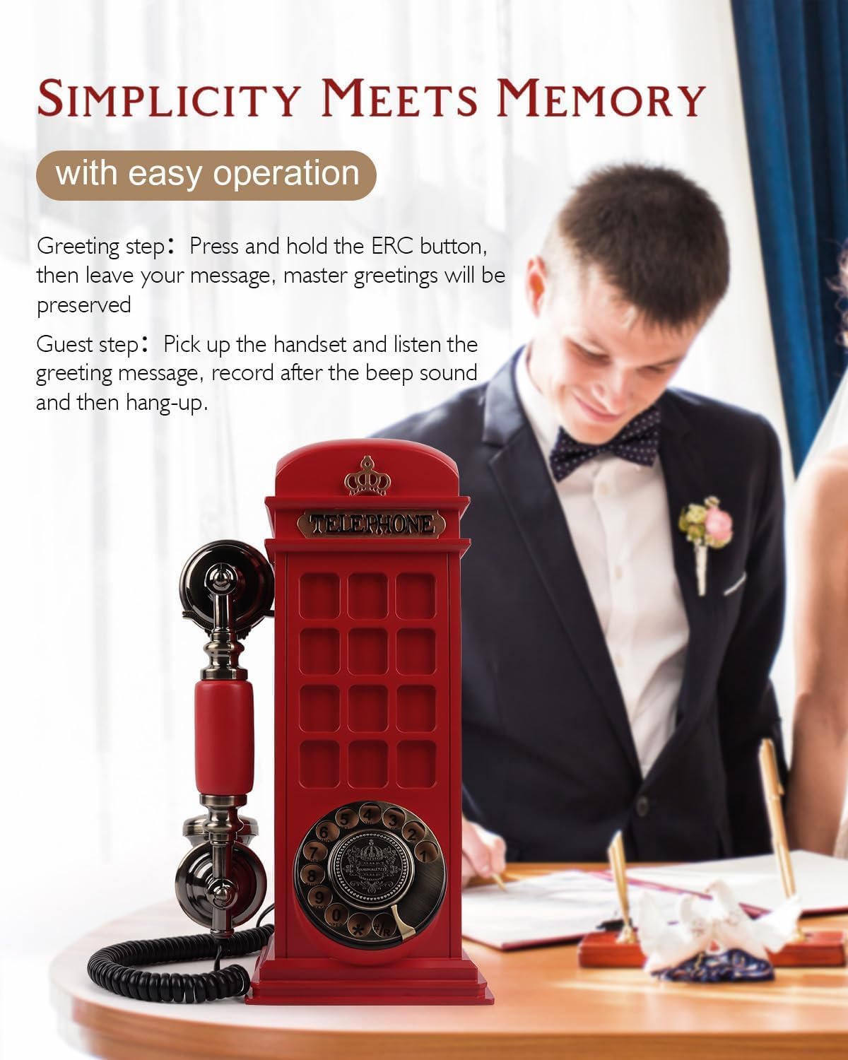 Audio Guest Book Wedding Phone with Vintage Phone Booth Design, Record Customized Audio Message Guest Book for Wedding, Party and Gathering, Red