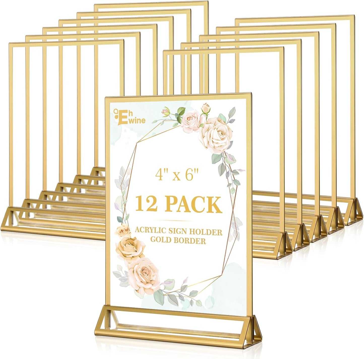 EHWINE 12 Pack Acrylic Sign Holder 4 x 6, Double Sided Gold Picture Frame Stand up Table Top Sign Holders, Clear Display Stand Menu Flyer Holder for Wedding Party