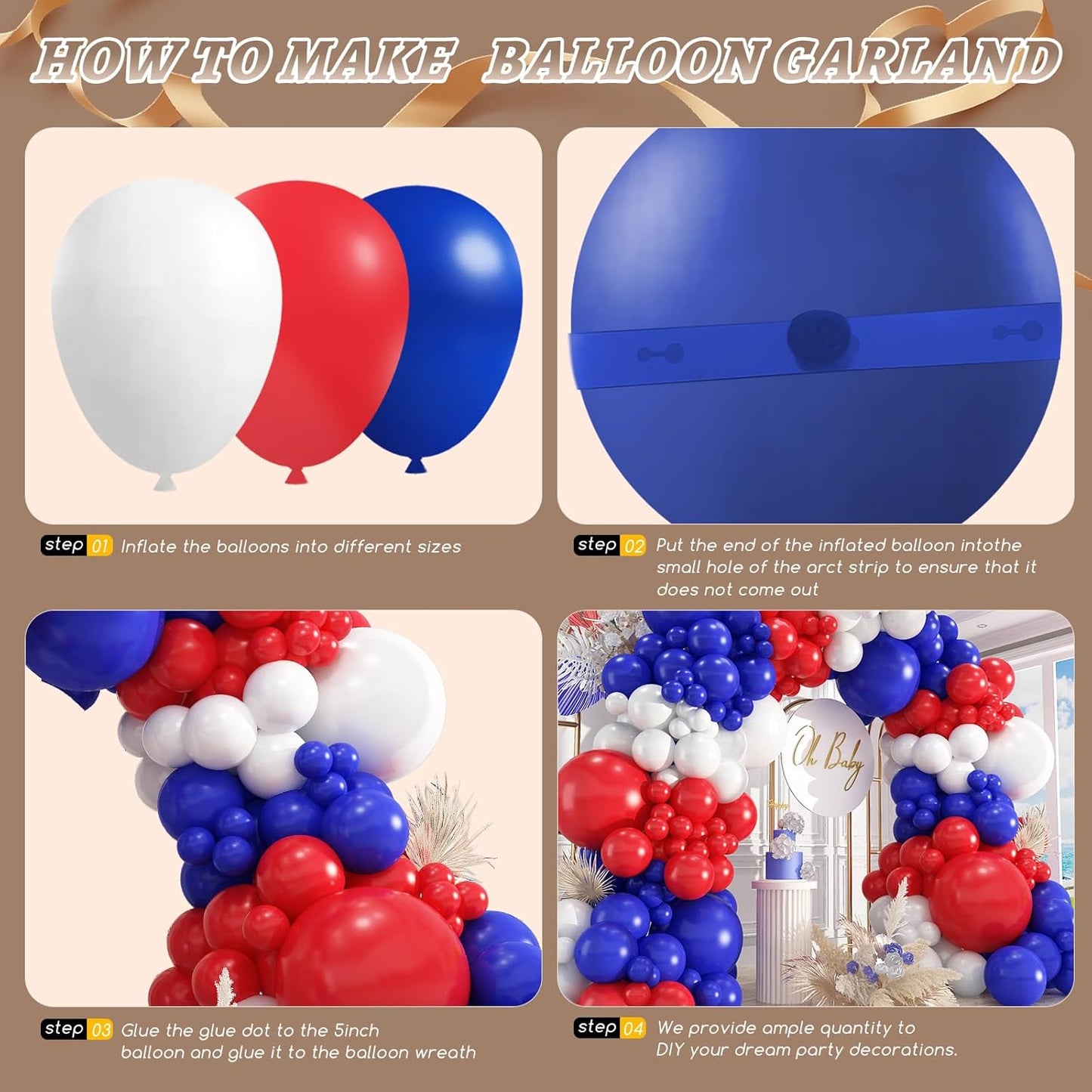 412Pcs Red White and Blue Balloons Garland Arch Kit, 5 10 12 18 inch Red White Blue Balloons for 4th of July Patriotic Decorations Graduation Baseball Birthday Party Decorations