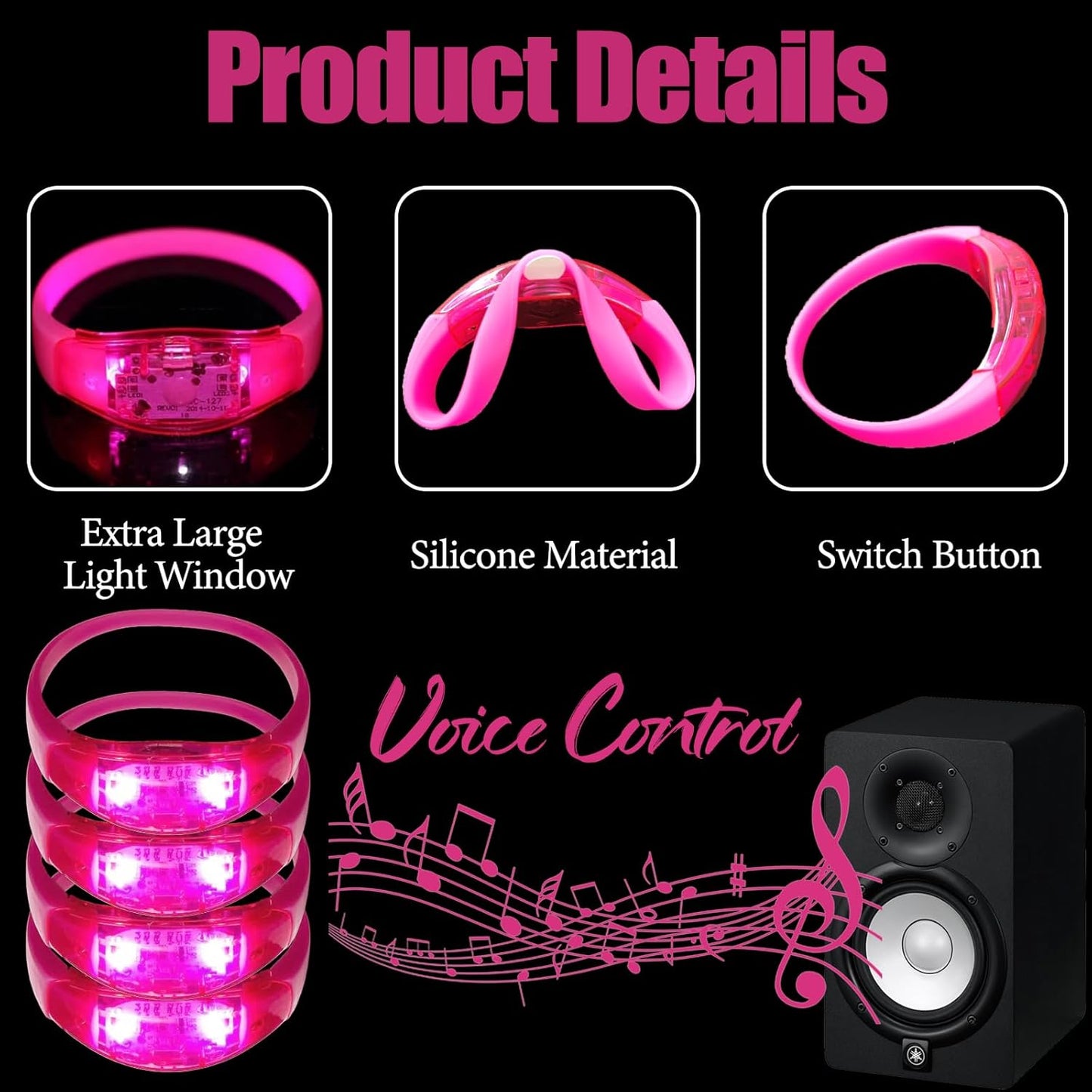 100 Pcs LED Bracelets Sound Activated with Flashing LED Strobe Music Control Light Up Bracelets for Rave, Game Prizes, Birthday Party Favor,Valentine's Day gift