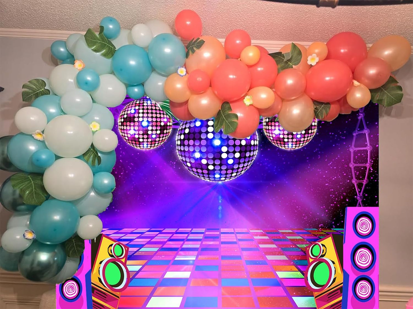 Dance Party Backdrop Retro 80s 90s Theme Stage Dance Ball Music Birthday Party Decoration DJ Photography Background 15 x 10 ft for Baby Shower Picture Photo Shoot Polyester Fabric,Purple