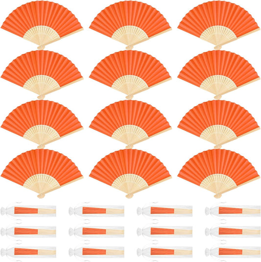 12 Pieces Orange Hand Held Bamboo Folding Fans Paper Fans Handheld for Women Foldable Girls Wedding DIY Decoration Church Home Party Favors Summer
