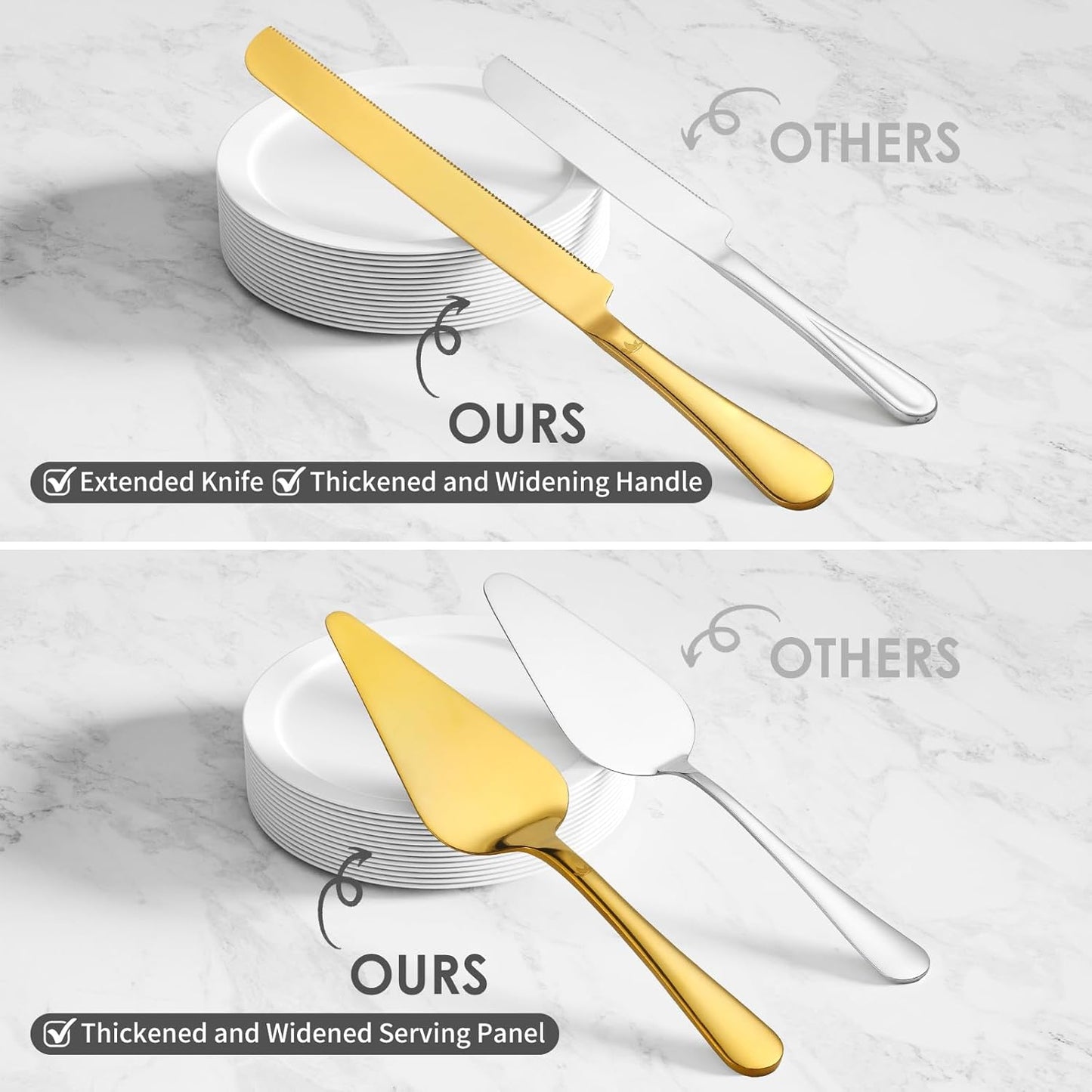 Cake Cutting Set for Wedding - Extended Cake Knife And Server Set Thickened Stainless Steel Cake Cutter and Pie Spatula Great for Birthday Anniversary Christmas Gift Gold 2 Pcs