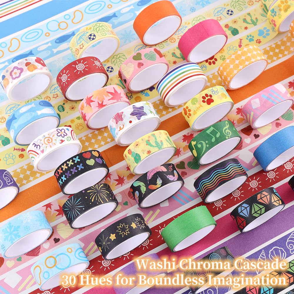 30 Rolls Colorful Theme Washi Tape Set with Different Colorful Patterns, Writable Decorative Tapes for Scrapbooking, Bible Journaling, Bullet Journaling, 0.6'' x 79'' per Roll