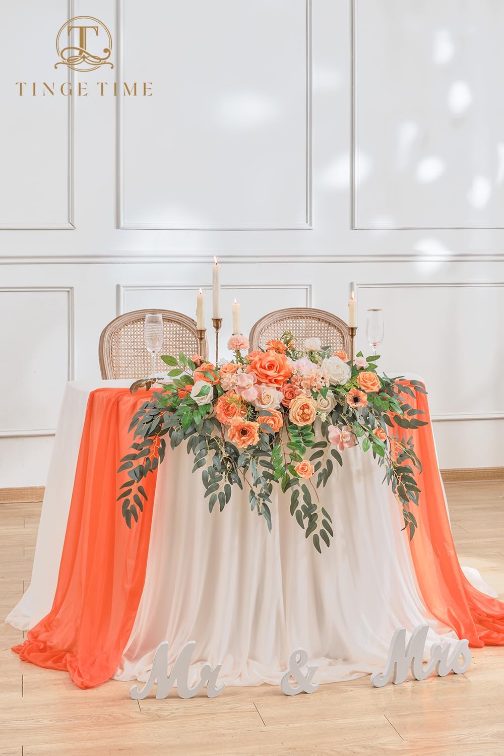 TINGE TIME Artificial Sweetheart Flower Swag with Table Cloth and Table Runner, Pack of 3 Floral Arrangement for Wedding Sweetheart Table Centerpiece Decoration (CoralPink&Champagne)