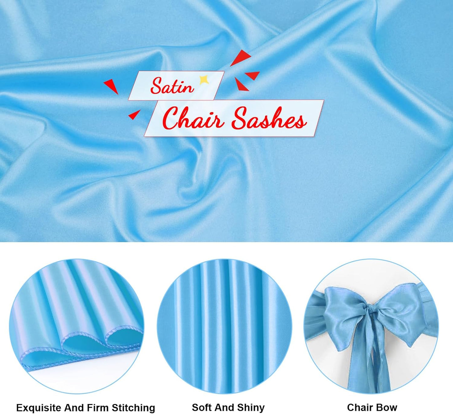 50 PCS Baby Blue Satin Chair Sashes Bows Universal Chair Ribbon Ties Back Sash for Wedding Party Reception Events Banquets Hotel Event Chair Cover Decoration (7x108 inch)