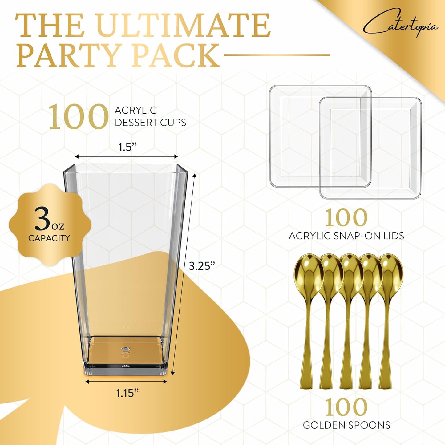 100 Pack 3 oz Mini Dessert Cups with Lids and Spoons (Gold Spoons) - Plastic Shooter Appetizer Parfait Cups with Lids Reusable - BPA Free Catering Supplies for Party - Dessert Serving Bowls