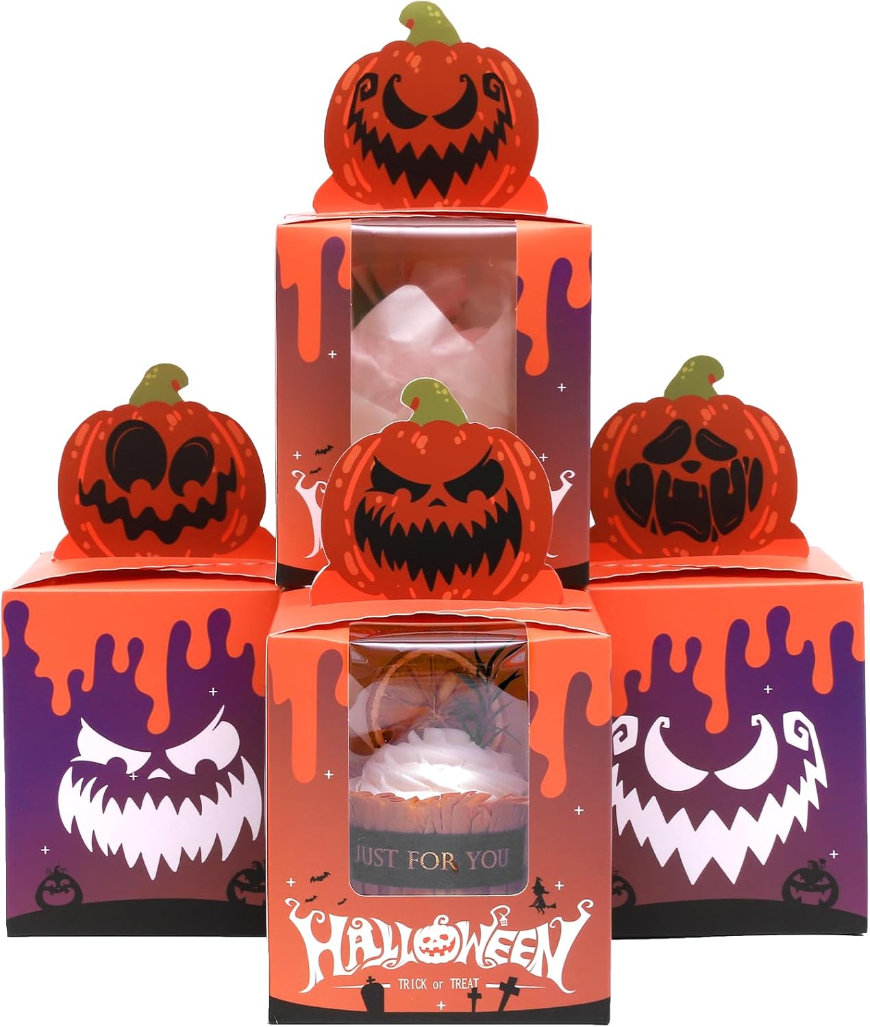 qiqee Halloween Individual Cupcake Boxes Cupcake Holders Disposable 60pcs Single Cupcake Boxes with Window 3.7" 3.7"*4.5" Cupcake Containers For Halloween