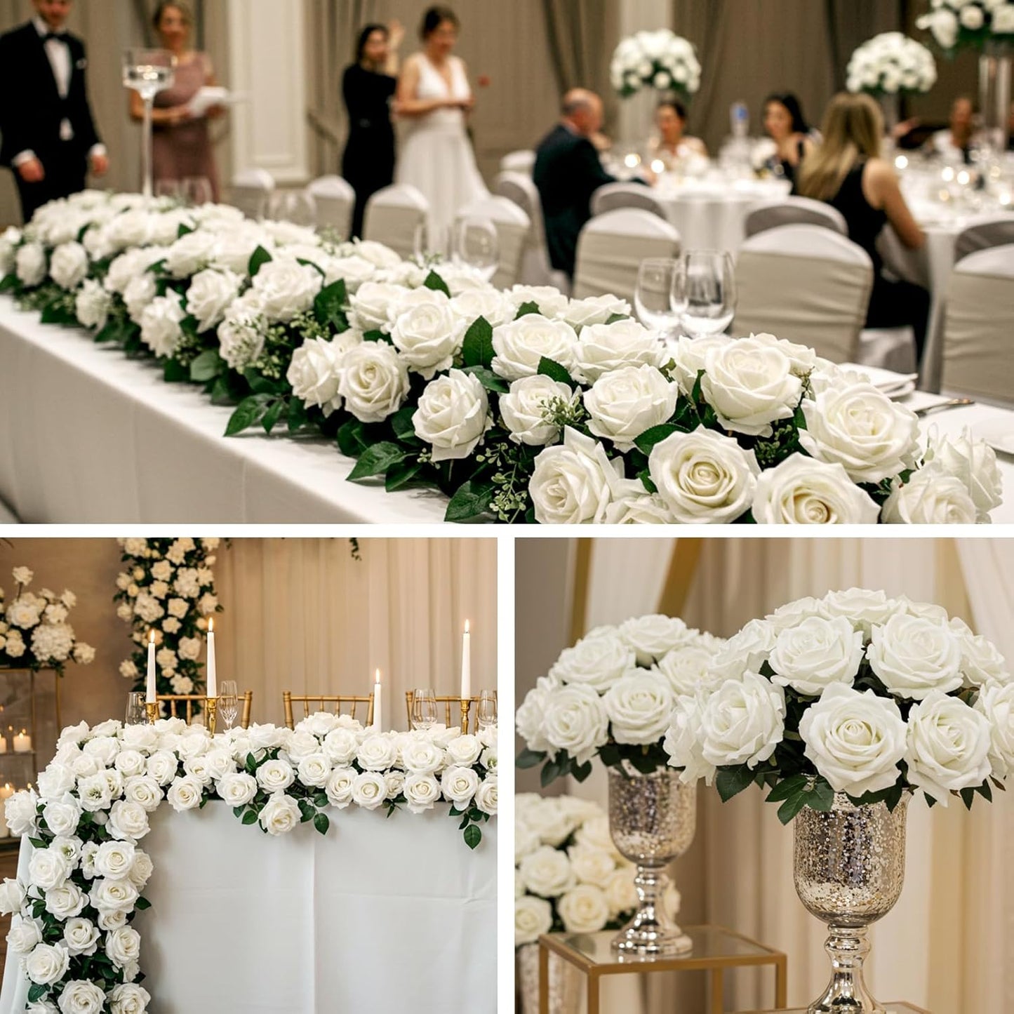 60PCS Artificial Roses Bulk, White Velvet Silk Fake Roses, Realistic White Flowers for Wedding Centerpieces, Bridal Bouquets, Home Decor, Baby Shower, Valentine's Day Party Decorations