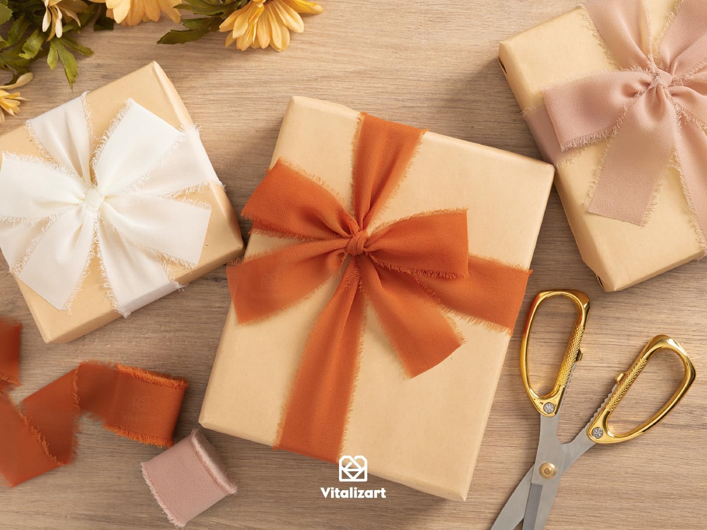 Vitalizart Fall Handmade Chiffon Silk Ribbon Fringe 1.5" x 21 Yd Terracotta Cream Frayed Edges Ribbons for Wedding Invitations Bridal Bouquets Gifts Wrapping Crafts Holiday Party Decorations