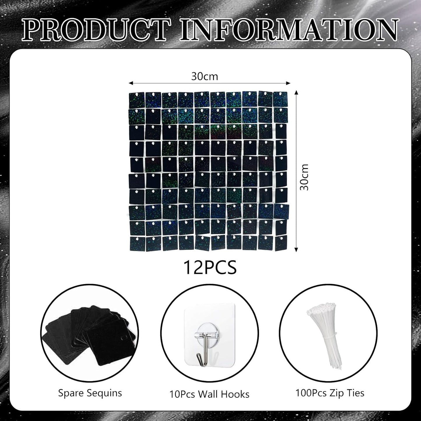 12PCS Black Shimmer Wall Backdrop, Laser Square Sequin Photo Backdrops Panel, Glitter Wall Background for Birthdays, Weddings, Christmas, Engagements, Disco Bachelorette Party Decoration (3FTx4FT)