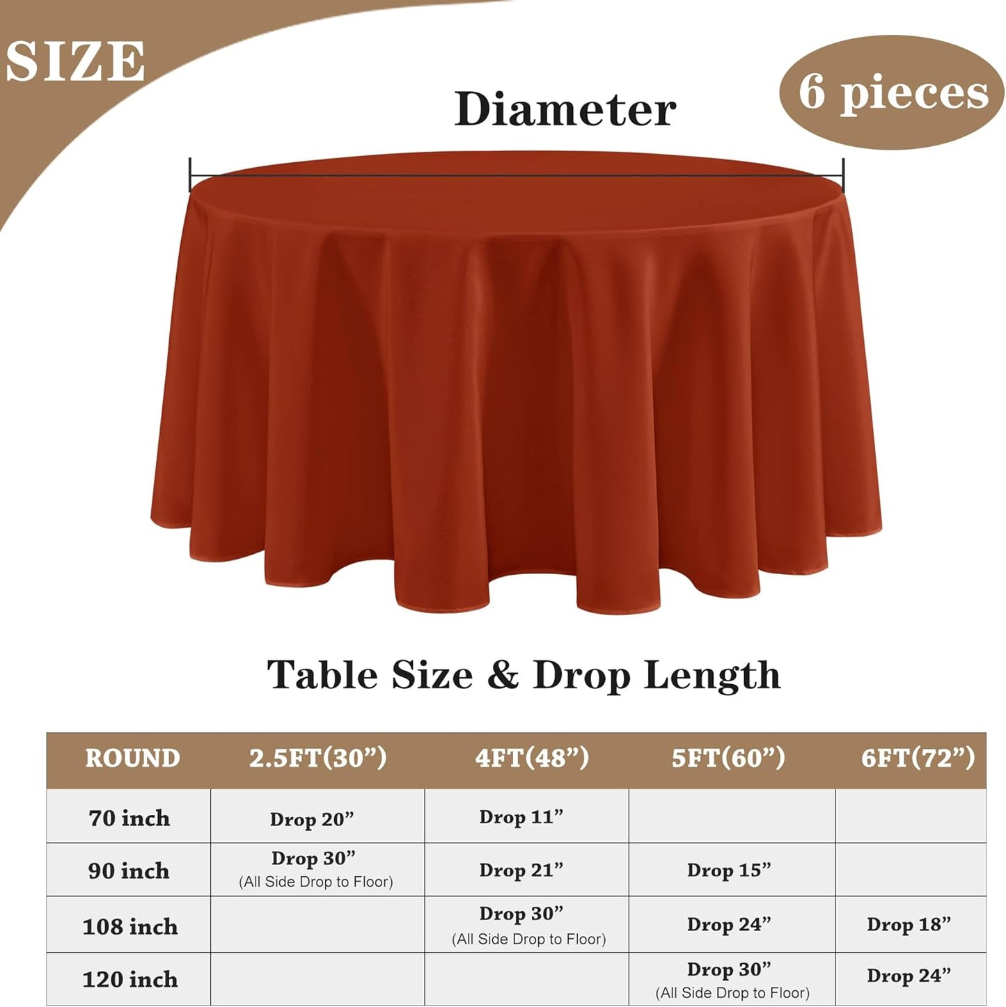 Fitable 6 Pack Rust Round Tablecloths - 108 Inches in Diameter - Stain Resistant and Washable Fall Table Clothes, Polyester Fabric Table Covers for Wedding, Party, Banquet, Formal Events