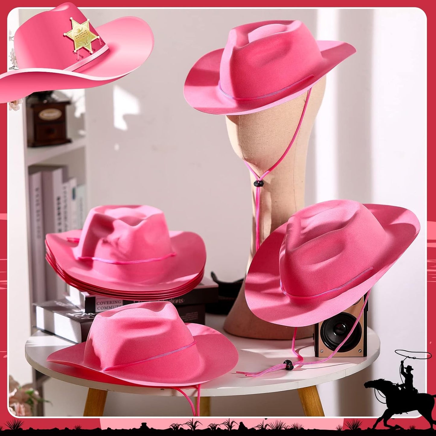 Mepase 24 Pieces Disposable Plastic Western Cowboy Hat Set Felt Wide Brimmed Cowgirl Hats for Men Women Costume Party(Pink)