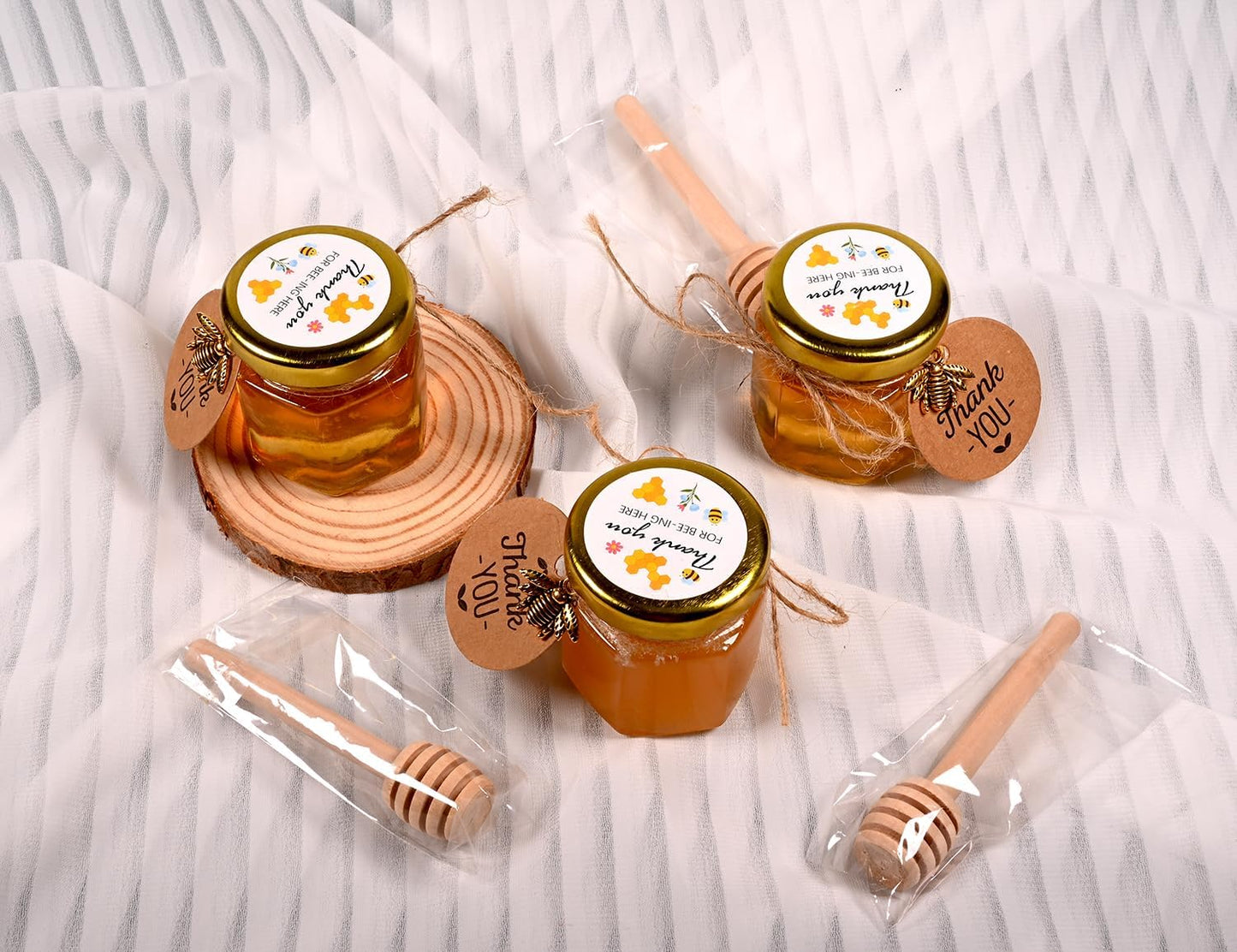 Adabocute Mini Honey Jars with Dipper - Hexagon Honey Pot Set with Gold Lid, Bee Pendants, Jutes, Gold Organza Bags and Stickers - Perfect for Baby Shower Party Favors Wedding Favors, 60 Pack 1.5oz
