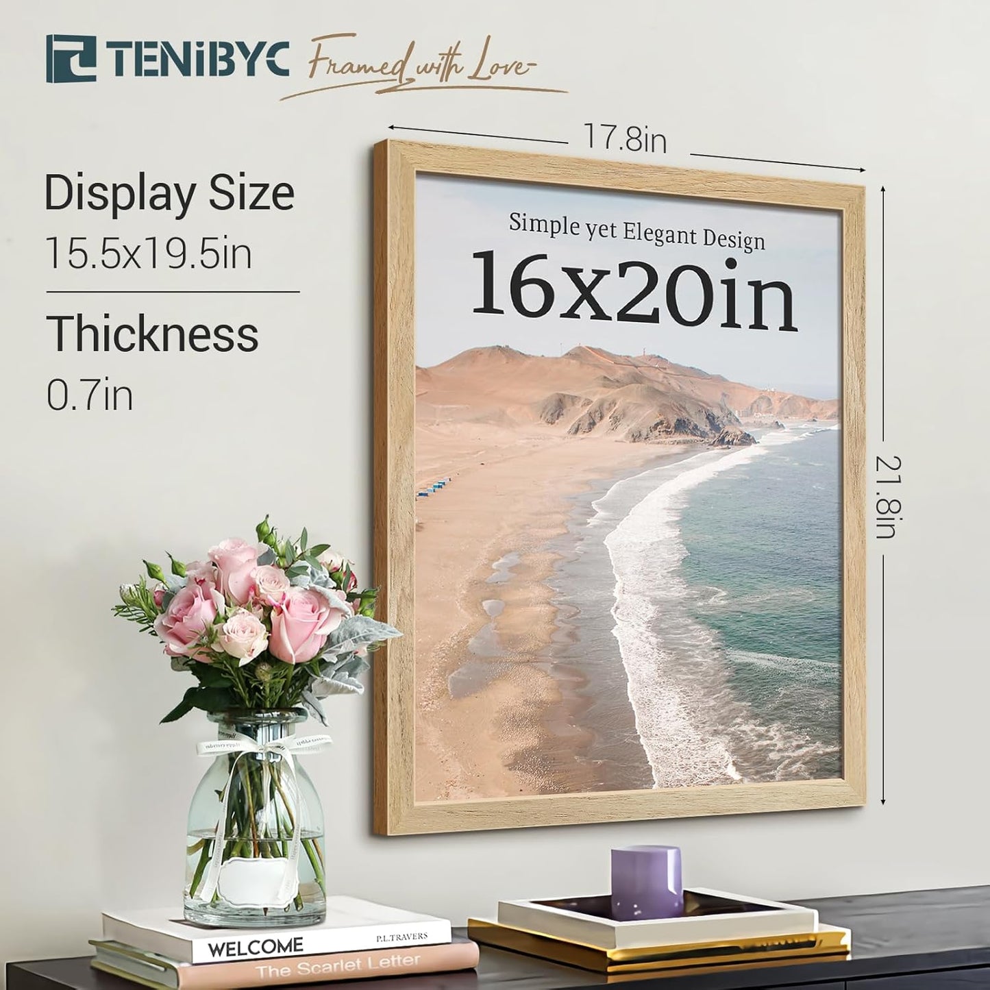 16x20 Poster Frame 4 Pack, Natural Solid Wood Picture Frame, HD Tempered Glass, Wall Gallery Frame