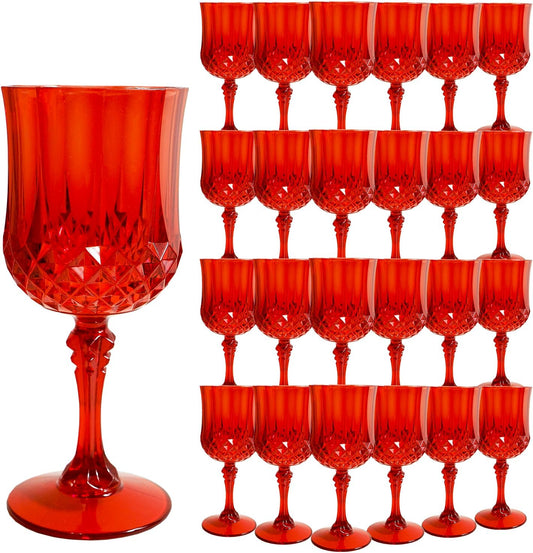 Plastic Wine Glasses，Plastic Goblets Vintage Style Cordial Drinking Glasses for Wedding Reception, Christmas Grand Event Party Supplies (24, Red)