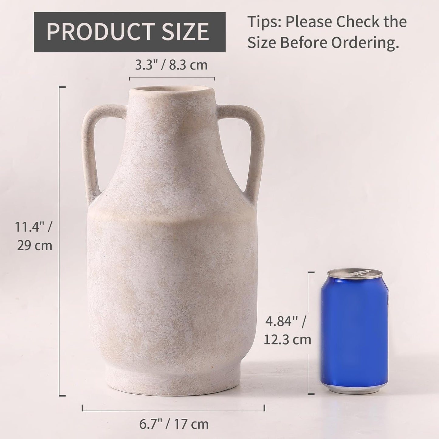 Mitt&Ditt Ceramic Flower Vase with Handles, 11 inch Tall Off-White Vase, Large Decorative Terracotta Vases, Farmhouse Rustic Pottery Vases for Home Decor, Living Room, Table