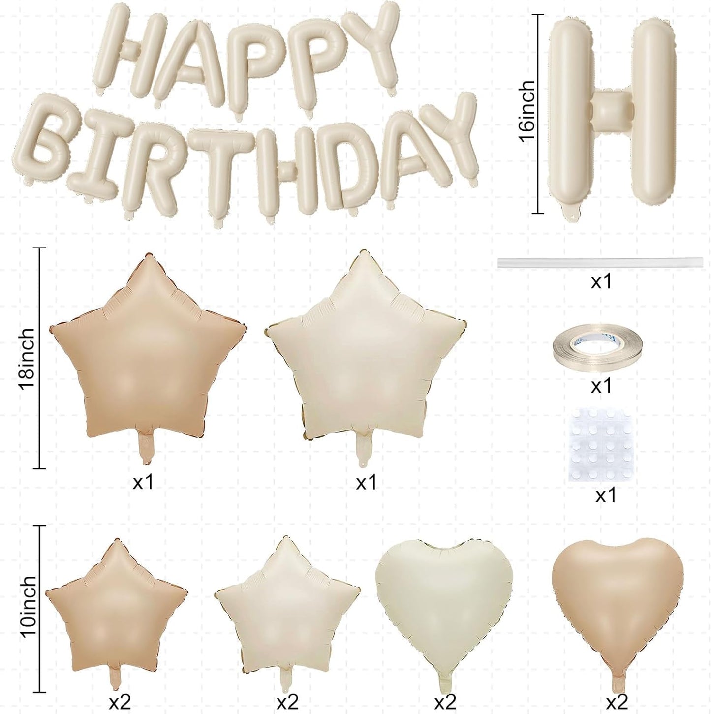 Happy Birthday Balloon Banner Cream, 16 Inch Beige Mylar Foil Letter Balloons, Boho Neutral Birthday Decorations with 10 Pcs Ivory Caramel Brown Foil Balloon, Inflatable Party Supplies for Women Girl