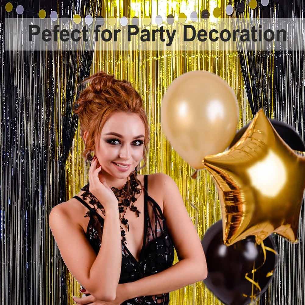 Black and Gold Party Decorations - 4Pack 3.2x8.2ft Black and Gold Foil Fringe Curtains for Birthday Party Decorations