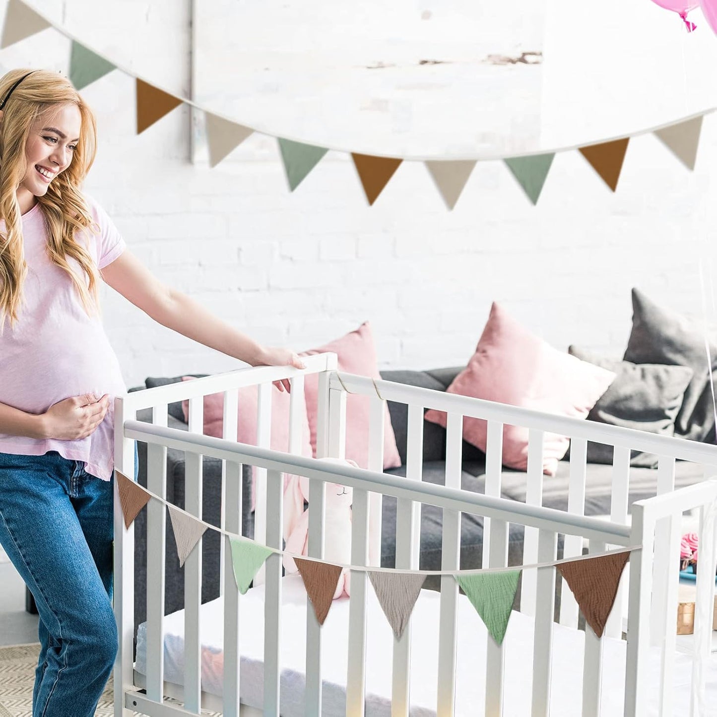 Oudain 15.5 ft Pennant Banner Flags, 2 Pcs Nursery Garland Triangle Bunting Flag Baby Banner for Nursery Decor Baby Birthday Boho Wedding Shower Party Event, Each 7.75 ft(Retro Color)