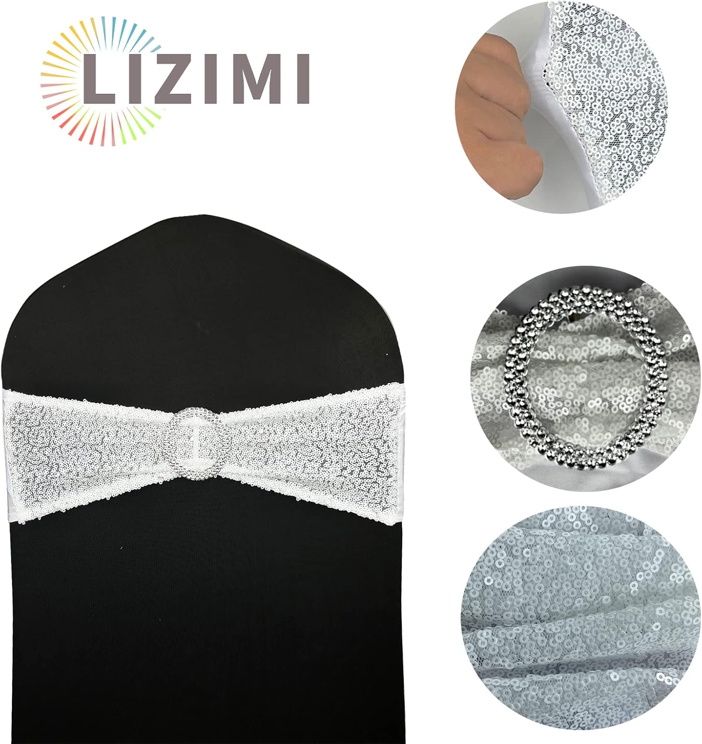 50 Pcs Chair Sashes Sequin Stretch Chair Bands Spandex Polyester Bows for Party Hotel Wedding Banquets Decoration - White