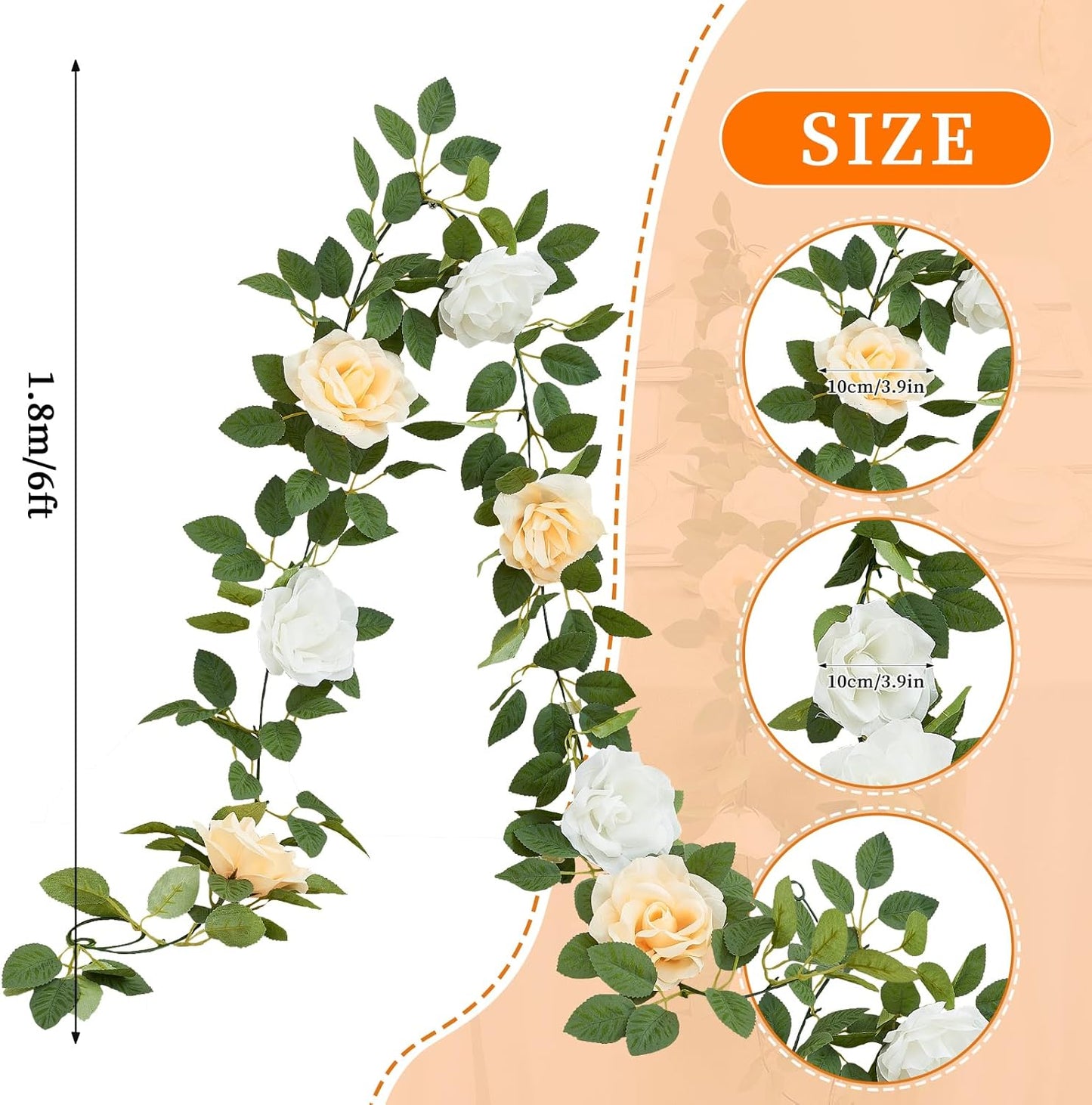 Artificial Rose Garlands Rose Vines Leaves Banners Hanging Floral Garland Fake Rose Flower Vine Wall Decorations, Champagne