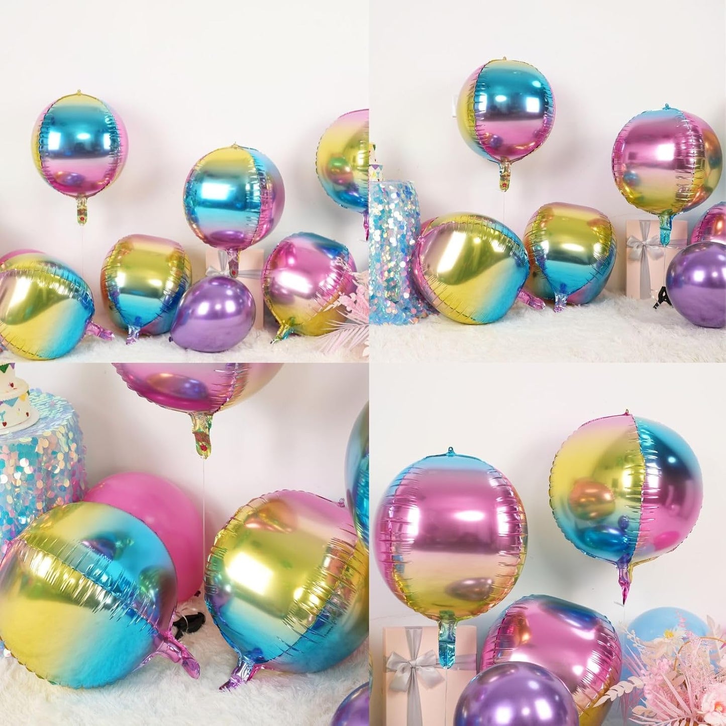 6Pcs Gradient Rainbow Round Foil Balloons,Giant 4D Round Ball Balloon 22 Inch for Wedding Birthday Engagement Gradient Party