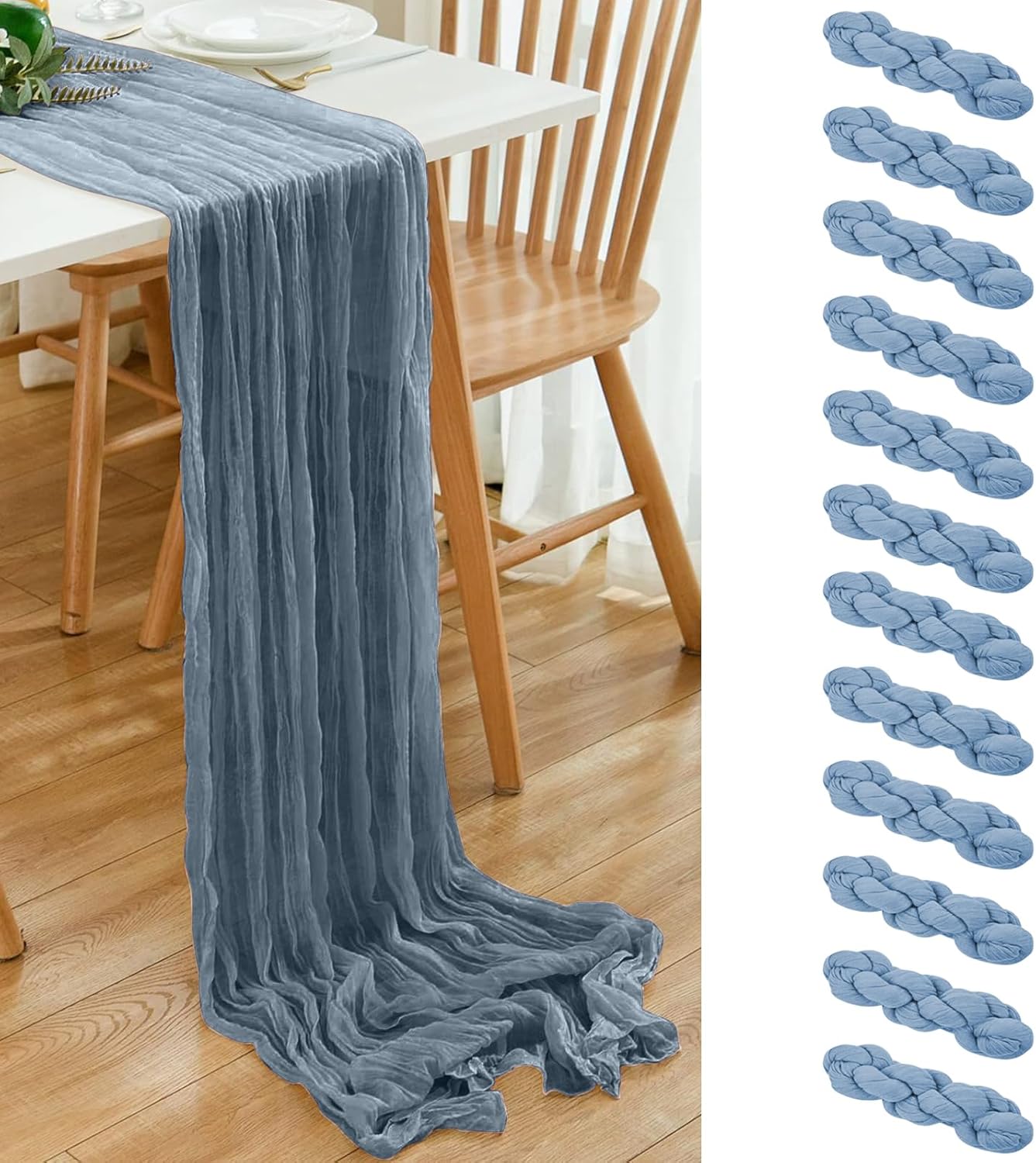 12 Pack Dusty Blue 10 Ft Cheesecloth Table Runner 20x120 Inch Boho Wrinkled Sheer Romantic Gauze Decor for Wedding, Bridal Shower, Birthday Party