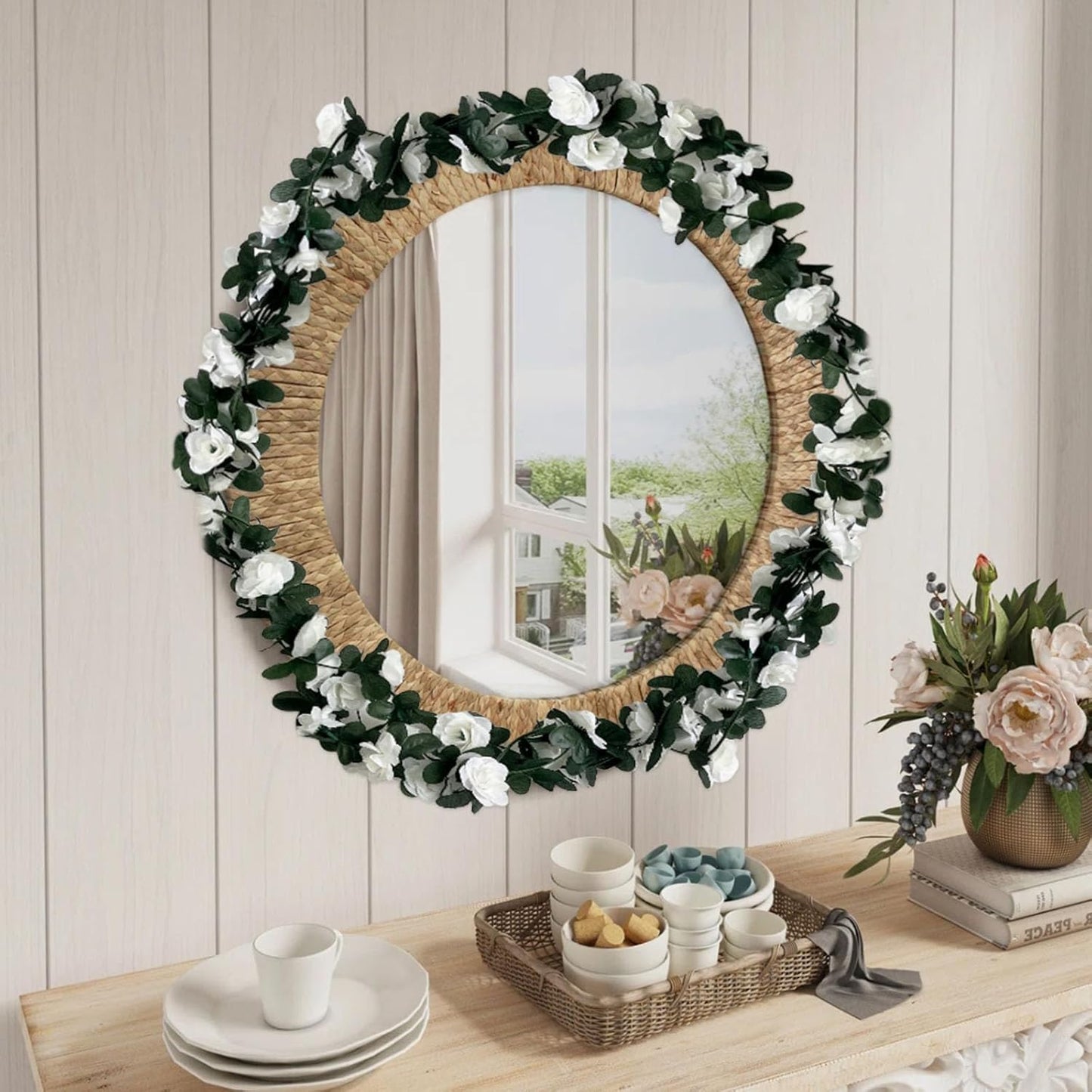 8Pcs 63Ft White Rose Garland, Fake Rose Hanging Flowers, Artificial Flower Vine, Hanging Floral Vine Garland for Wedding, Birthday Party, Wall Arch, Halloween, Christmas Garden Backdrop Decor