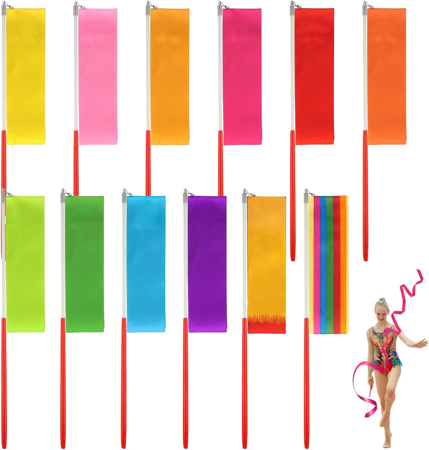 12 Pack Dance Ribbons for Kids, Dance Class, Birthday Party, Gymnastics, Princess Party Favors (Rainbow)