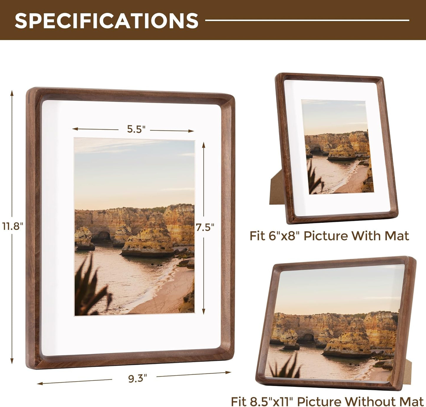 8.5x11 Picture Frame USA-Sourced Natural Walnut Wood Solid Original Wood Photo Frame Handcrafted Rounded Corner with Mat to 6x8 Picture Display with Real Glass Famil Photo, Certificate