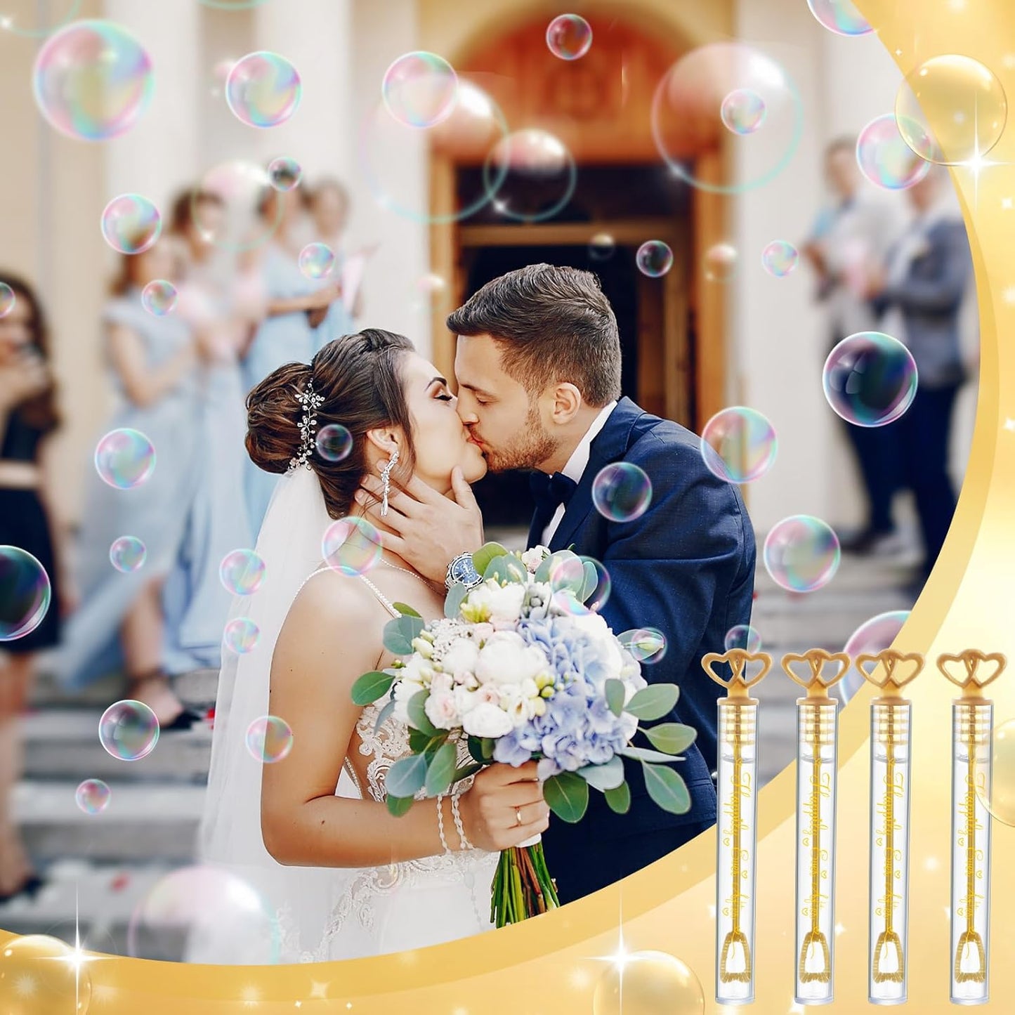 150 Pcs Bubble Wands Bulk for Wedding Party Mini Heart Wand with Bubble Solution for Wedding Bridal Showers Valentine Anniversary Graduation Birthday Supplies(Gold,Happy Ever After)