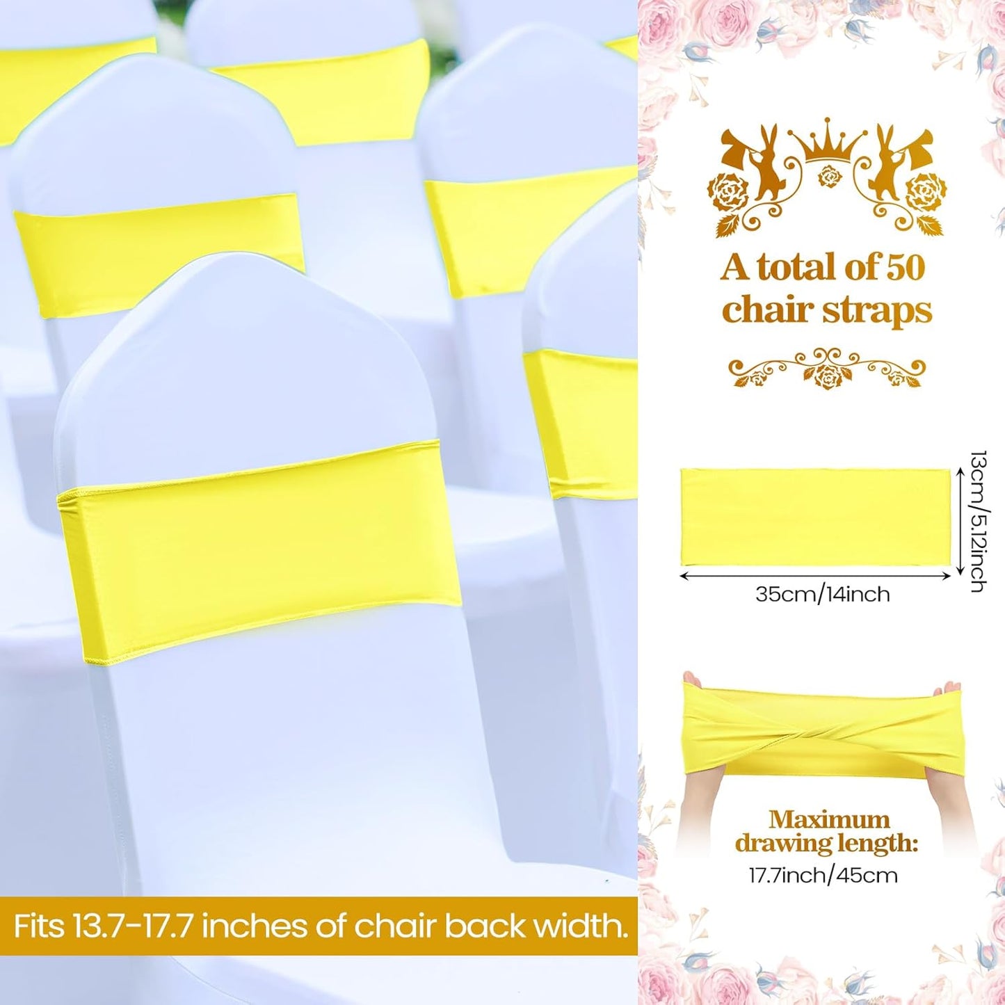 Kinlop 50 Pcs Spandex Chair Sashes Bows Chair Bands Slider Sashes for Covers Elastic Bands Ties Without Buckle Decorations for Wedding Party Events Ceremony Birthday(Yellow)