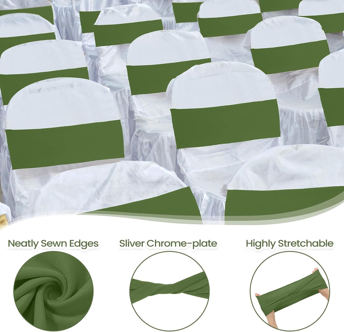 Kinlop 50 Pcs Spandex Chair Sashes Bows Chair Bands Slider Sashes for Covers Elastic Bands Ties Without Buckle Decorations for Wedding Party Events Ceremony Birthday (Moss Green)