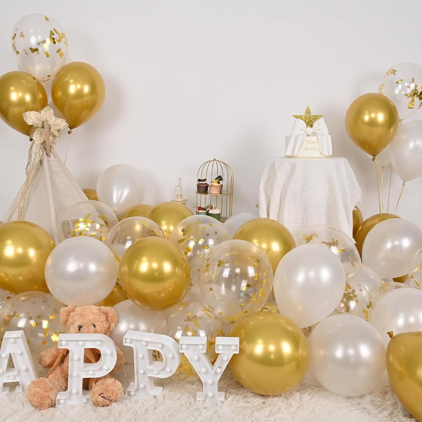 Balloons White and Gold, 60 Packs 12 Inch Metallic Gold Balloons Pearl White Latex Balloon Gold Confetti Balloon for Birthday Parties, Weddings, Anniversaries, Baby Shower Party Decorations