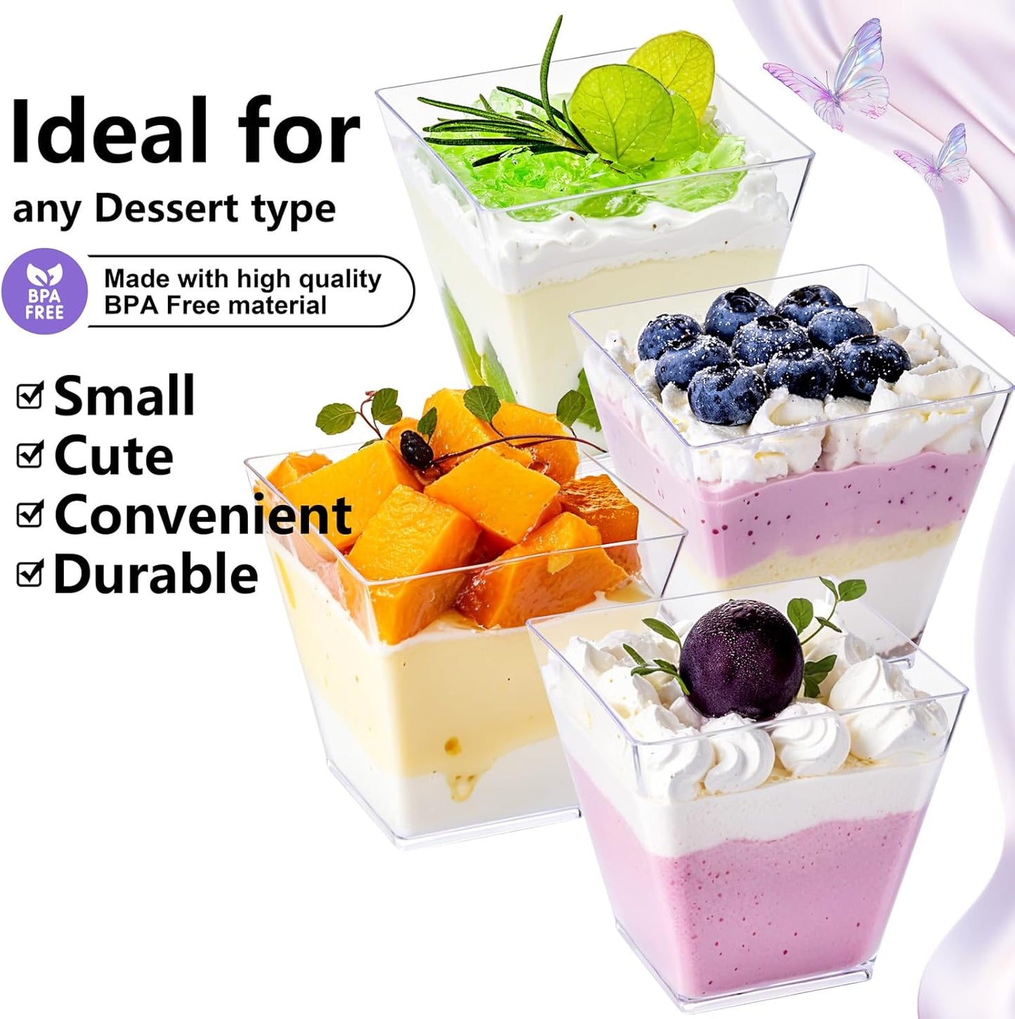 YOUBET 102 PCS Plastic Dessert Cups - 8oz Clear Square Cups - 51 Pack Mini Appetizer Cup with Tasting Spoons for Pudding, Fruit, Yogurt Parfait and Ice Cream