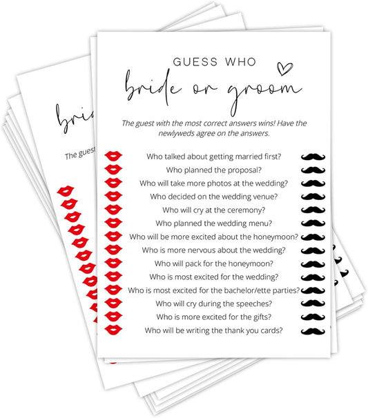 Bridal Shower Games, Bride or Groom, 25Pcs Minimalist White Double-Sided Bridal Game Cards, Wedding Shower Games for Guests, Engagement Bachelorette Party Supplies - A19