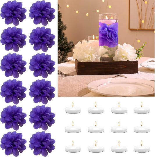 24 Pcs Floating Candles for Centerpieces and Floating Flowers Artificial Flowers Head Vase Filler for Party Home Table Wedding Centerpieces Decoration (Purple)