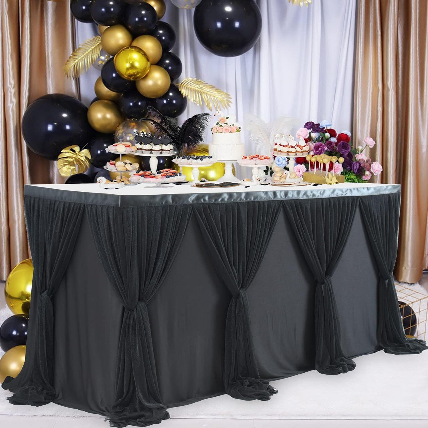 14ft Black Tulle Table Skirt for Rectangle Table or Round Tables Tutu Table Cloth for Birthday Party Baby Shower Wedding Parties Dessert Buffet Banquet Decorations