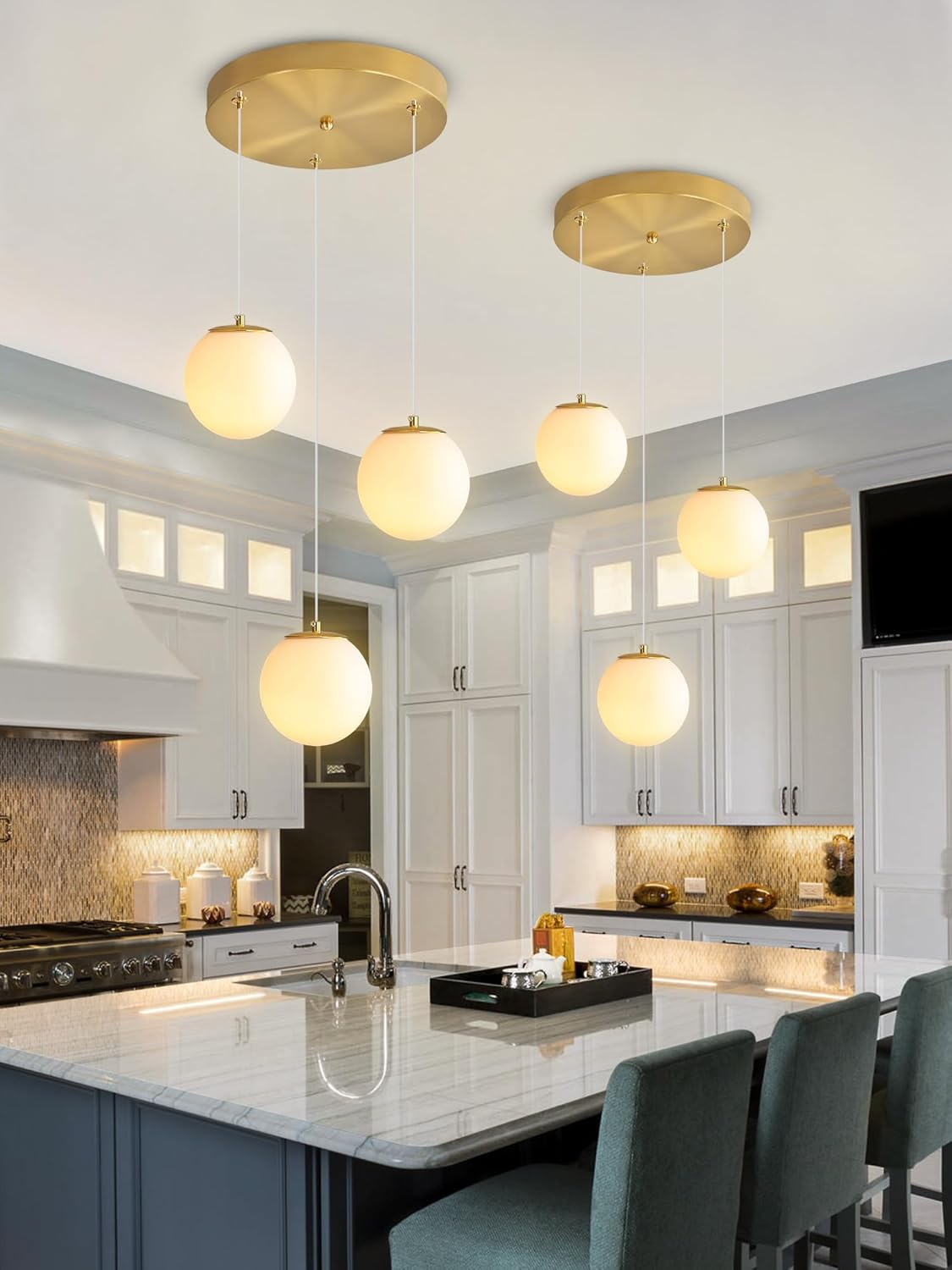 3-Lights Globe Glass Pendant Light Modern Gold White Globe Glass Chandelier Mid Century Chandelier Hanging Fixture for Kitchen Island Foyer Hallway Dining Room